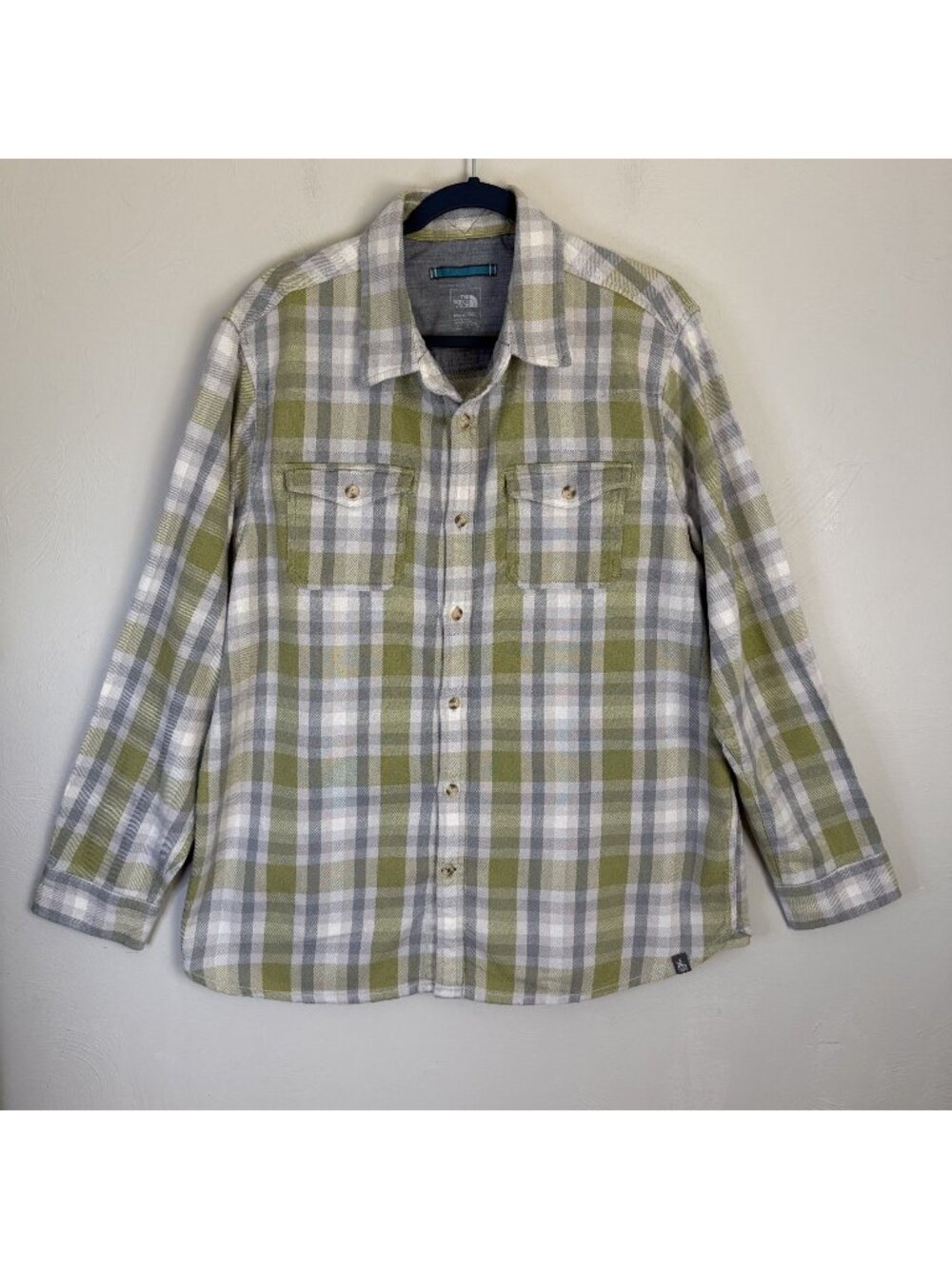 Flannel Plaid North Face Hayes Button Up shirt Green Gray XL Outdoors Hiking